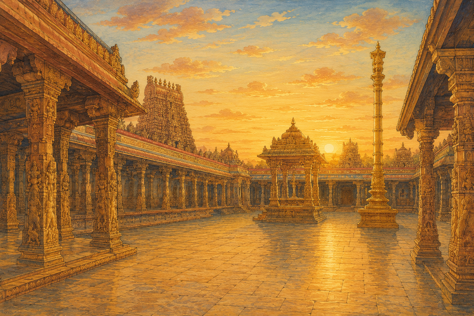 Temple courtyard at sunset