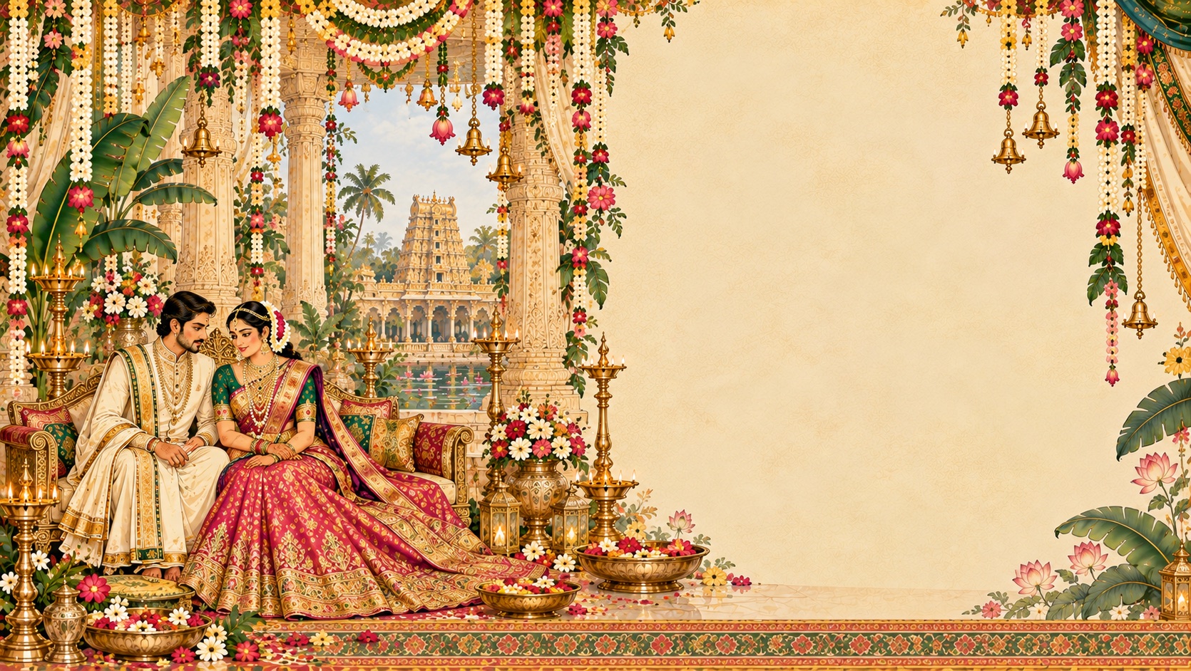 The couple seated among garlands and lamps at the reception feast